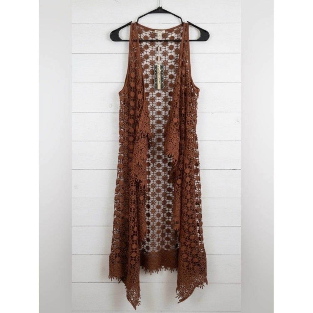 Ultra Pink Brown Boho Hippie Crochet Lace Long Duster Vest Open Front Size Large